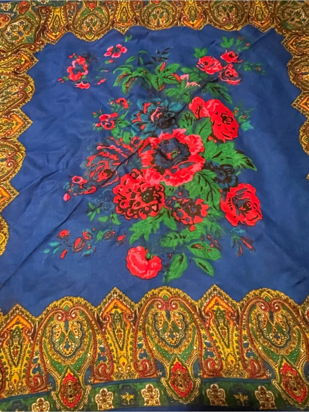 Vintage Pavlovo Posad Russian Wool Shawl Scarf Blue Paisley Floral